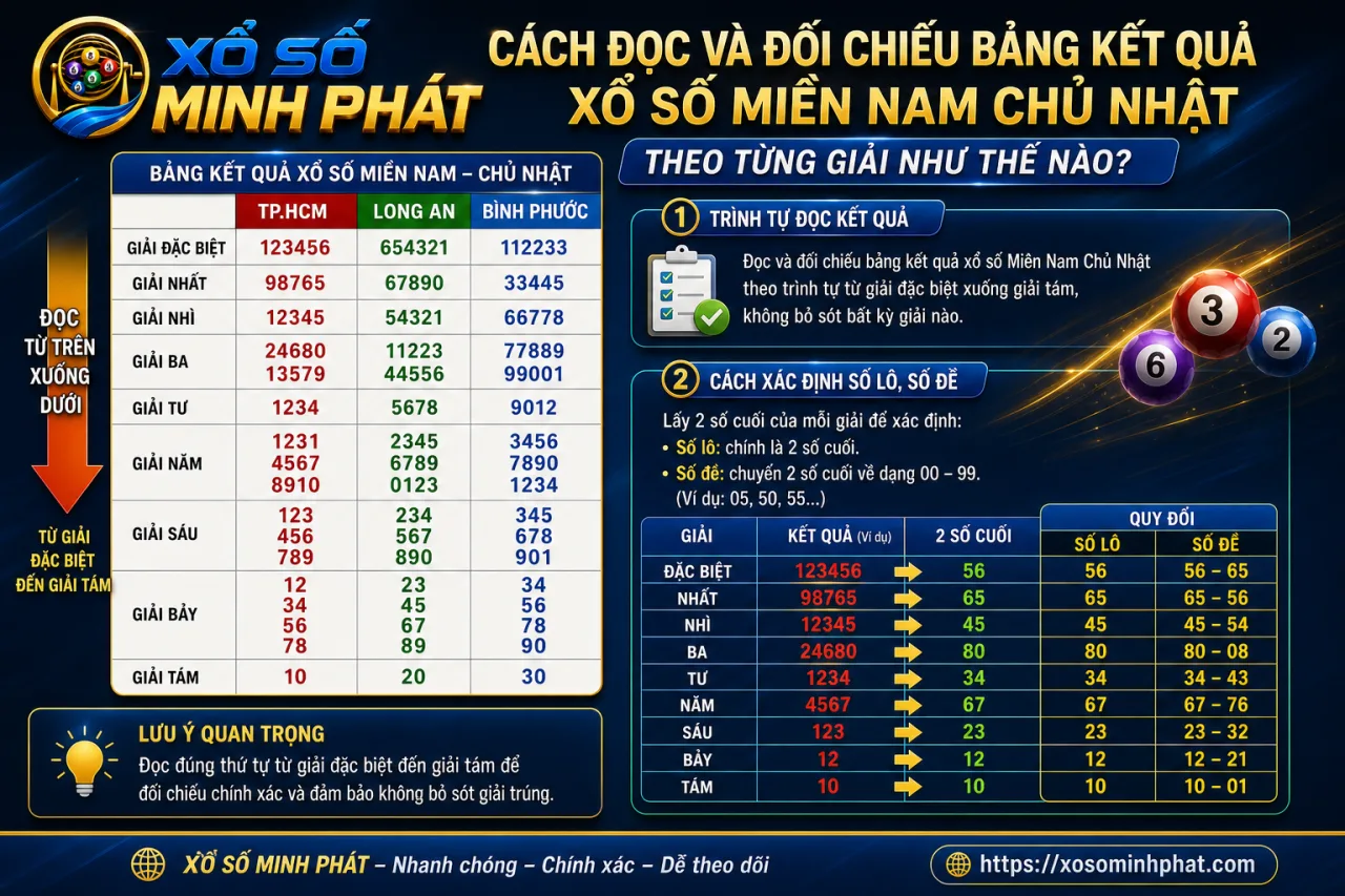 đọc và đối chiếu bảng kết quả xổ số Miền Nam Chủ Nhật theo từng giải